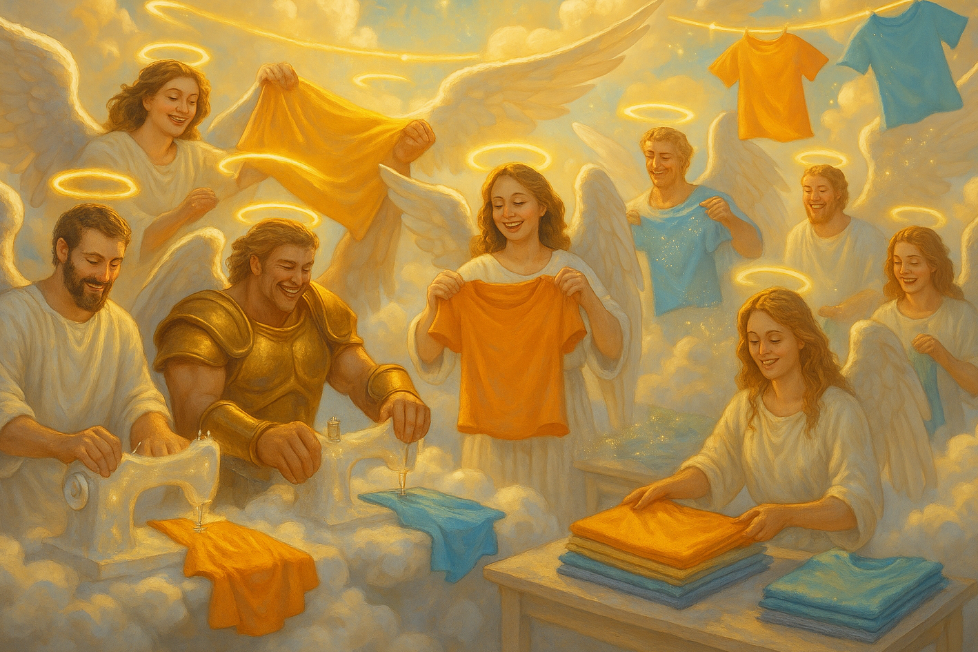 I like this but lets make some of the angels men and some of them happy angel warriors